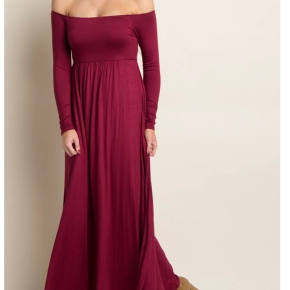 Small Pinkblush Off-The-Shoulder Burgundy Maxi Dress (maternity or regular) - Picture 3 of 4